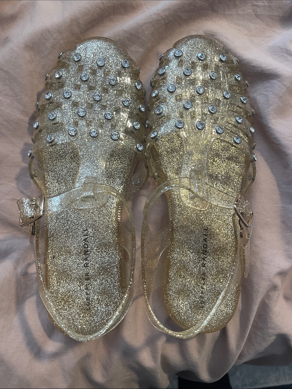 Loeffler Randall Gold Glitter Jelly Sandals with Rhinestone Studs